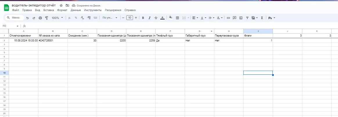 Пример таблицы с отчётами до перемещения заказа в общую таблицу: